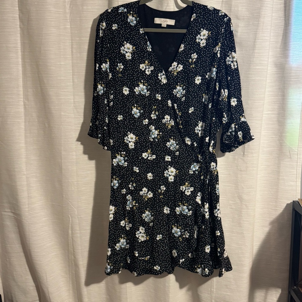 LOFT Black Floral Long Sleeve Dress